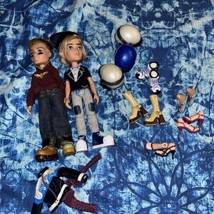 Bratz Dolls Lot of Two, 5 Pair Of Shoes ,3 Helmets, Two Sweater